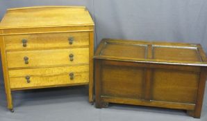 OAK RAILBACK CHEST OF THREE DRAWERS, 87cms H, 79cms W, 44cms D and a polished wooden blanket box,