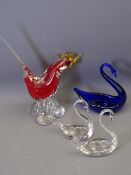 VENETIAN STYLE GLASS LONG TAILED BIRD, a pair of plain glass swans and a Bristol Blue glass swan