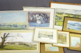 G PRIESTMAN - Malham Cove, 34 x 53cms, Still Life flowers in a vase, signed, 30 x 37cms, and other