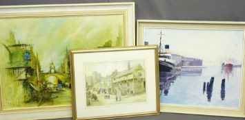 WELSH SCHOOL oil on board - dockyard scene with ships, 49 x 60cms, GORDON CLOSE print - Market Day