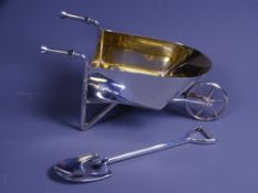 SCOTTISH NOVELTY TABLE SALT, Edinburgh 2001 in the form of a garden wheelbarrow and shovel, the gilt