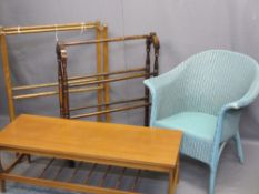 LLOYD LOOM ARMCHAIR, two vintage towel airers and teak Long John coffee table, 36cms H, 107cms W,
