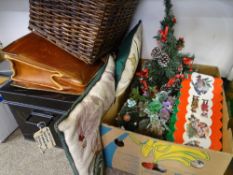 VINTAGE JAPANNED STRONG BOX WITH KEYS, wicker basket, leather briefcase and soft furnishings with
