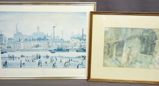L S LOWRY print - Northern river scene, 51 x 70cms and RUSSELL FLINT print 'The Wishing Well', 28