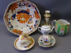 LARGE MASONS PEDESTAL FLORAL FRUIT BASIN with old stapled repair, a Shelley pottery green and