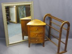 LARGE GILT FRAME MIRROR, 105cms H, 74cms W, a corner chest of three drawers, 60cms H, 44cms W, 41cms