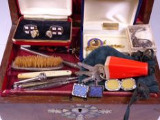 VICTORIAN INLAID WALNUT BOX OF LADY'S & GENT'S JEWELLERY & COLLECTABLES to include a marcasite and