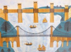STRAW WORK & WATERCOLOUR - fine depiction entitled 'Menai and Britannia Bridges' with numerous boats