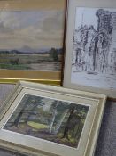 MIDDLETON watercolour - harvesting scene 38 x 53cms with watercolour of woodland scene, initialled