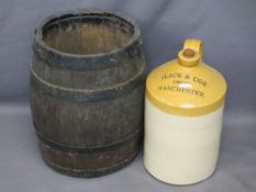 VINTAGE OAK BARREL & STONEWARE 'SLACK & COX LIMITED MANCHESTER FLAGON, 43 and 40cms H respectively