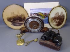 METAMEC VINTAGE MANTEL CLOCK, cased field glasses, brassware, prints ETC