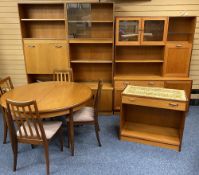 G-PLAN DINING SUITE comprising extending dining table, 73cms H, 120cms D closed, four chairs, a long