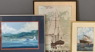 HUGH K HARWOOD mixed media - sea plane landing, 24 x 33mcs, UNSIGNED watercolour - a liner at sea,