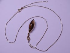 9CT GOLD BOX LINK NECKLACE with pear shape amber colour peridot and possibly white sapphire