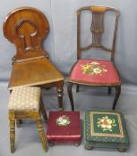 MAHOGANY HALL CHAIR, tapestry seat pierced splatback chair, two foot stools and another in pine (5