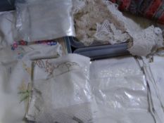 LINEN - good vintage table and other (3 tubs)