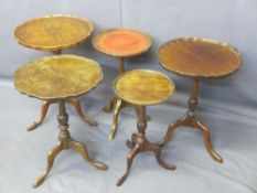 WINE TABLES - parcel of five, mahogany/walnut on tripod legs, 53cms H, 39cms D the largest