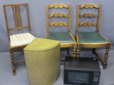 OAK DINING CHAIRS (2) with scrolled back supports and rexine seat, one other, a Lloyd Loom corner