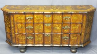 19TH CENTURY DUTCH MARQUETRY INLAID CHEST of three shaped drawers, urn and floral side panels
