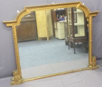 OVERMANTLE MIRROR - large Victorian gilt famed with shaped top, 125cms H, 170cms W, 10cms D
