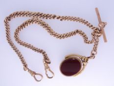 9CT GOLD ALBERT CHAIN with hardstone swivel fob, T-bar and twin clips, 31grms without swivel fob,