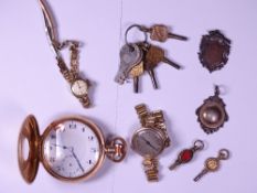 9CT GOLD CASED LADY'S WRISTWATCH with gilt metal bracelet strap, vintage half hunter gold plated