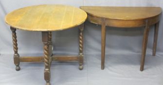 OAK TWIST COACHING TABLE, 72cms H, 92cms W, 11cms D and a semi-circular hall table on tapered