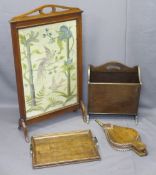 TAPESTRY FIRESCREEN with exotic birds amongst foliage, magazine rack, wood and brass handle tray