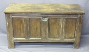 OAK COFFER with four panel front and back, twin panel sides, lift up lid with eye hook hinges, 73cms