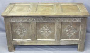 OAK COFFER - three panel front with diamond carved detail, 66cms H, 125cms W, 56cms D