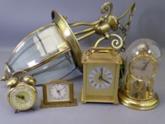 CLOCKS - EMES yellow metal bedroom clock, Jerger bedroom clock, two mantel clocks and a reproduction