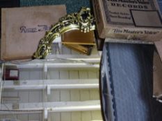 MIRRORS - two unframed shaped edge mirrors, a gilt frame effect and vintage 'His Masters Voice'