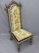PRIE DIEU CHAIR, Victorian walnut tapestry upholstered with twist side detail and carved crest rail,