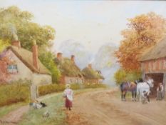 R H WALKER watercolour - Blacksmith at work with other figures and a woman on road, signed, 17.5 x