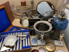 EPNS - an assortment including a good twin-handled centre piece, iron based oil lamp, cased