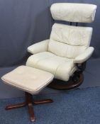 EKORNES STRESSLESS TYPE RECLINER/SWIVEL ARMCHAIR with near matching foot stool in cream leather