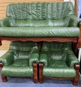 GREEN LEATHER EFFECT THREE PIECE LOUNGE SUITE of three seater settee and two armchairs, 94cms H,
