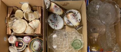 A PAIR OF TWIN-HANDLED STAFFORDSHIRE VASES, 21cms H, Staffordshire teaware, glass cake stand ETC