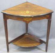 CIRCA 1900 INLAID ROSEWOOD TWO-TIER CORNER STAND, 69cms H, 68cms W, 46.5cms D