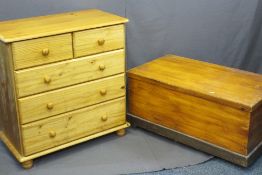 VINTAGE PINE LIDDED CHEST and a reproduction pine chest of two short over three long drawers on