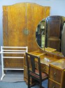 VINTAGE WALNUT & OTHER HARLEQUIN BEDROOM SUITE consisting of two-door wardrobe with carved swag