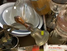 VINTAGE ENAMELLED BOWLS, paraffin lamps, sheep shearers, cattle branding iron, copper warming pans