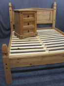 MODERN PINE 4FT 6INS BED FRAME with matching three drawer bedside chest, 116cms max H, 148cms max W,