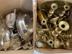BRASSWARE & EPNS - a spit, candleholders, tea service items ETC (2 boxes)