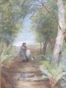 ELLEN VERNON mixed media - two females with a dog walking along a path, signed, 75 x 50