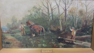 H L CHAPMAN (2) oil on canvas - 'Clearing the timber' and boat on a river with cottage and church on