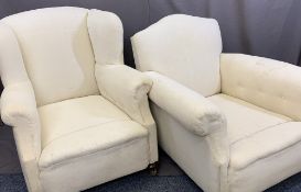 VINTAGE ARMCHAIRS (2) Calico covered on bun feet, one wingback and one other