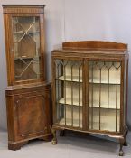 CIRCA 1930 MAHOGANY TWO DOOR CHINA DISPLAY CABINET and a modern glass top corner display cabinet,