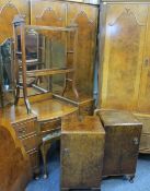 VINTAGE WALNUT & OTHER 9 PIECE BEDROOM SUITE consisting triple wardrobe, 194cms H, 156cms W, 57cms