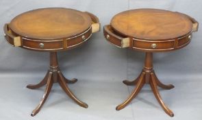 REPRODUCTION MAHOGANY DRUM TYPE OCCASIONAL TABLES, a pair, circular cross-banded tops having two